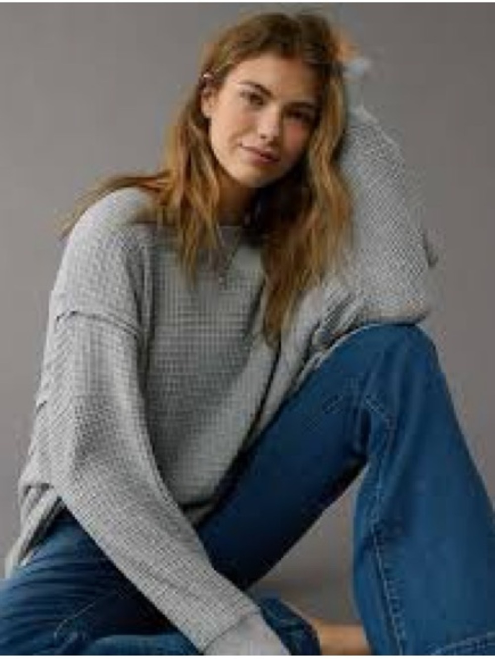 American Eagle Big Hug Waffle Sweatshirt Size Large Gray Feels Lived In Sweater